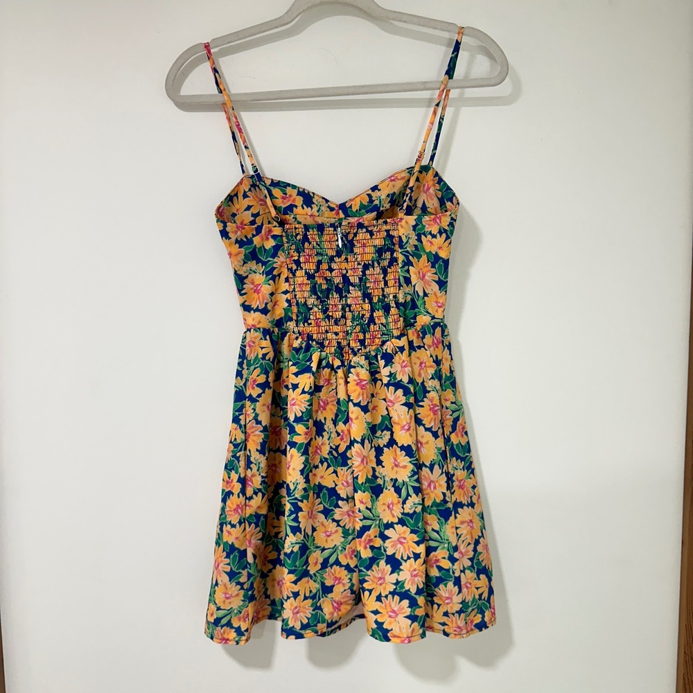 SKATIE Venice Floral Mini Dress Womens XS Blue Yellow Smocked Pockets